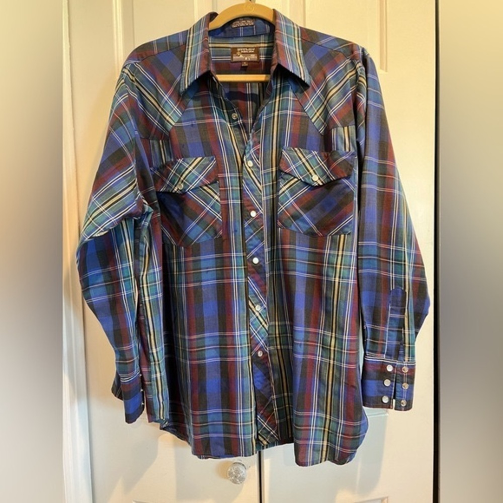 OUTLAW WESTERN WEAR 🐎 Blue Plaid Snap-Down Shirt w XLong Tails